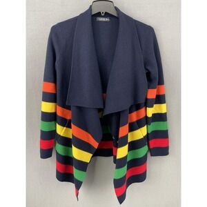 Lauren Ralph‎ Lauren Cardigan Womens Medium Navy Rainbow Stripe Open Front Wool